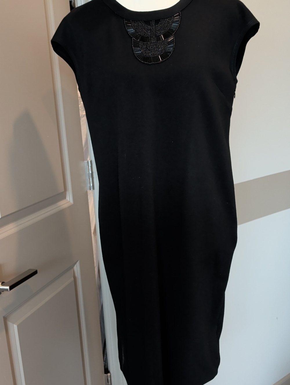 Dana Buchman Black Cap-Sleeve Midi Dress with Beaded Neckline
